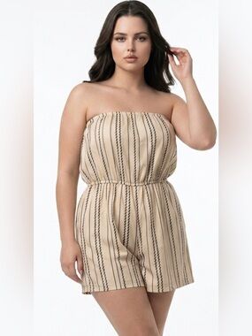 Strapless Beige Stripe Romper - Women's Jumpsuit